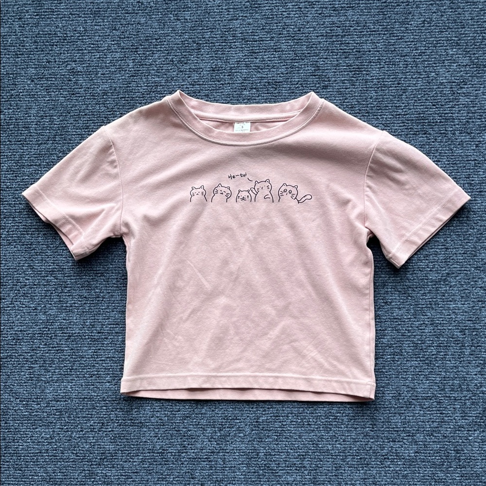 Kids Short Sleeve Crewneck Tee with Cat Line Art - Pink